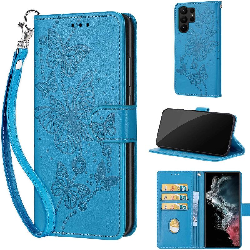 Photo 1 of Designed for Samsung Galaxy S23 Ultra Case Wallet,Women Flip Folio Cover with Embossed PU Leather Stand Credit Card Holders Slots Wrist Strap Phone Case for Samsung S23 Ultra 5G (Blue Butterfly)