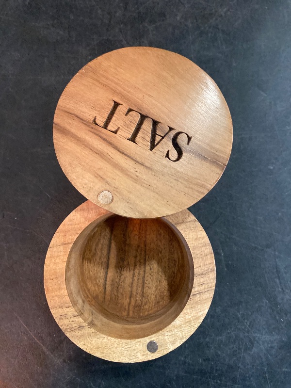 Photo 1 of Acacia Wood Round Condiment Pot with Magnetic Swivel Lids for Kitchen Countertop "Salt" Engraved on Lid (3.5” x 3.5” x 2.5”)