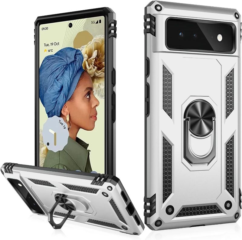 Photo 1 of Suitable for Google Pixel 6 Case,Military Grade Shockproof Heavy Duty Protective Phone Case Pass 16ft Drop Test with Magnetic Kickstand Car Mount Holder for Google Pixel 6 Silver