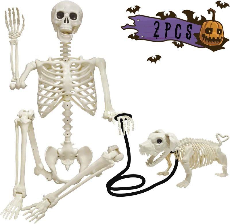 Photo 1 of Halloween Skeleton Decorations, 5.4ft Life Size Posable Skeleton with Dog Skeleton, Full Size Plastic Human Bones with Movable Joints for Haunted House Graveyard Decor