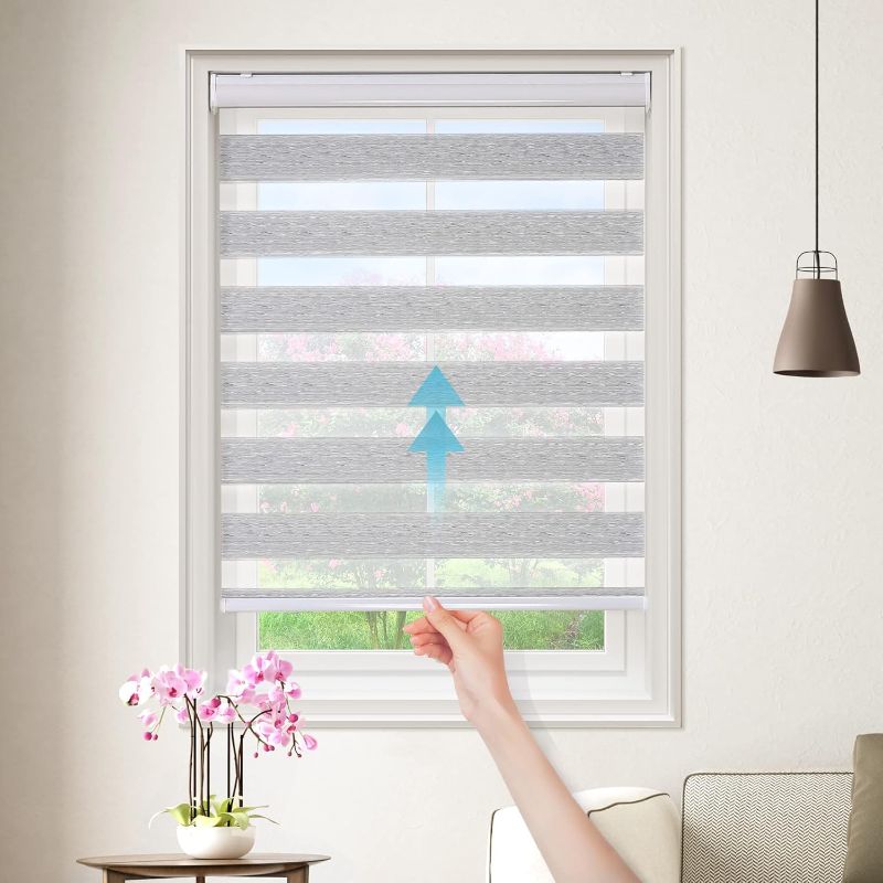 Photo 1 of GENIMO Cordless Zebra Blinds for Windows, Dual Layer Roller Window Shades, Sheer or Privacy Light Control for Day and Night, Mini Door Blinds for Home, Office, Easy to Install, Grey, 40" W X 72" H