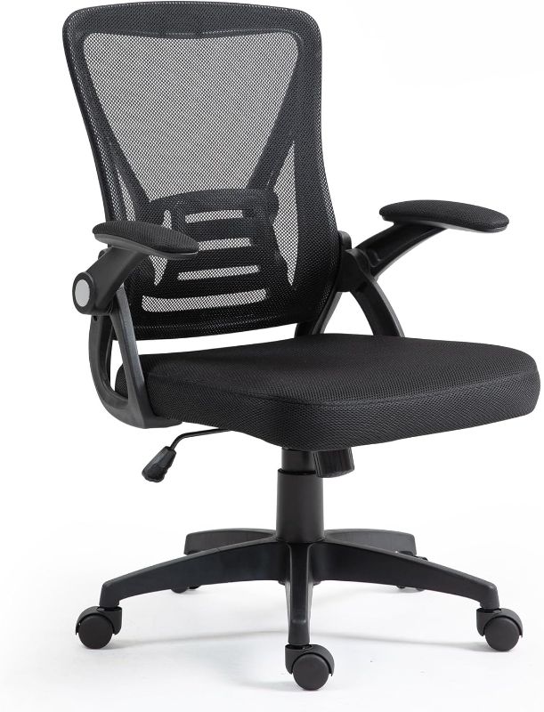 Photo 1 of Ergonomic Mesh Office Chair with Adjustable Flip Arms, Lumbar Support, Swivel Wheels - Stylish Black for Home, Office, Den, and Student Use