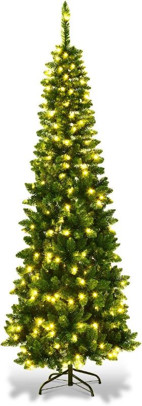 Photo 1 of GOFLAME 4.5FT Pre-Lit Pencil Christmas Tree, Artificial Slim Christmas Tree with 150 LED Lights and Solid Metal Stand, Spruce Hinged Christmas Decoration Tree, Suitable for Indoor and Outdoor