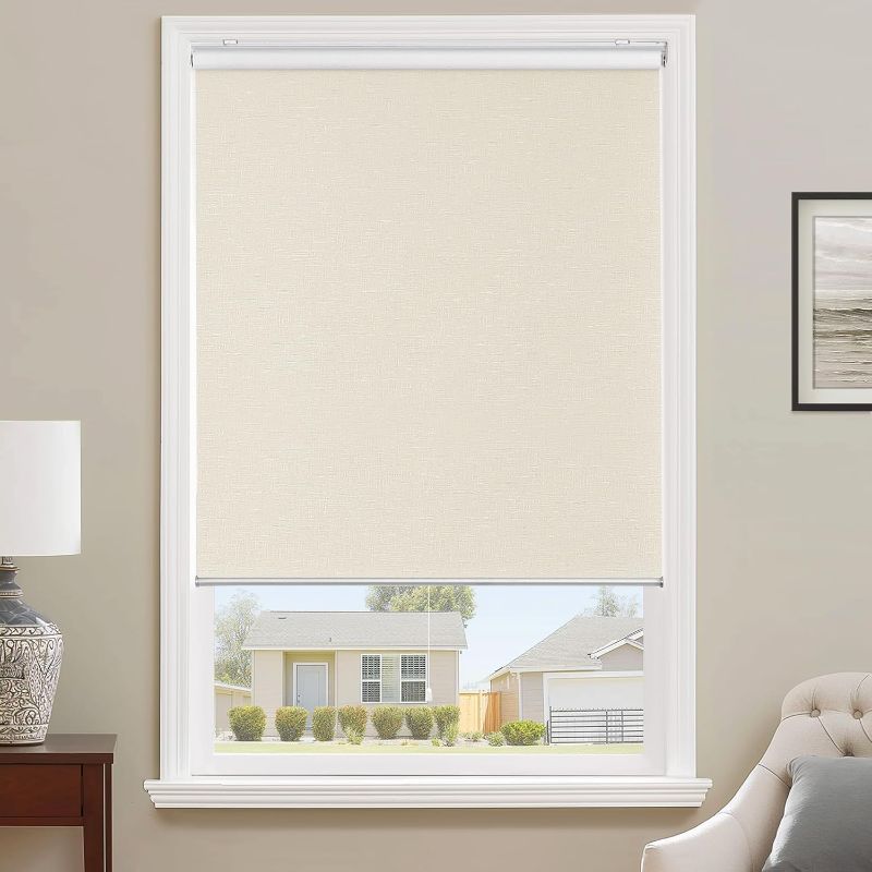 Photo 1 of Cordless 100% Blackout Roller Shade, with Striped Jacquard, Thermal Insulated, UV Protection Fabric, Total Blackout Blinds for Window, French Doors, Home and Office. Beige, 50" W x 72" H