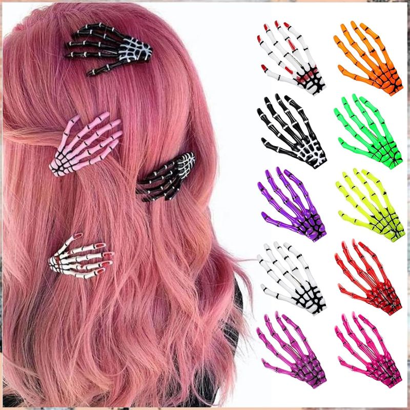 Photo 1 of 20 Pcs Halloween Skeleton Hair Claw Clips, 10 Colors Skull Hands Bone Hair Clip Accessories Gifts for Women Girls Party Hair Pins Barrettes Decoration