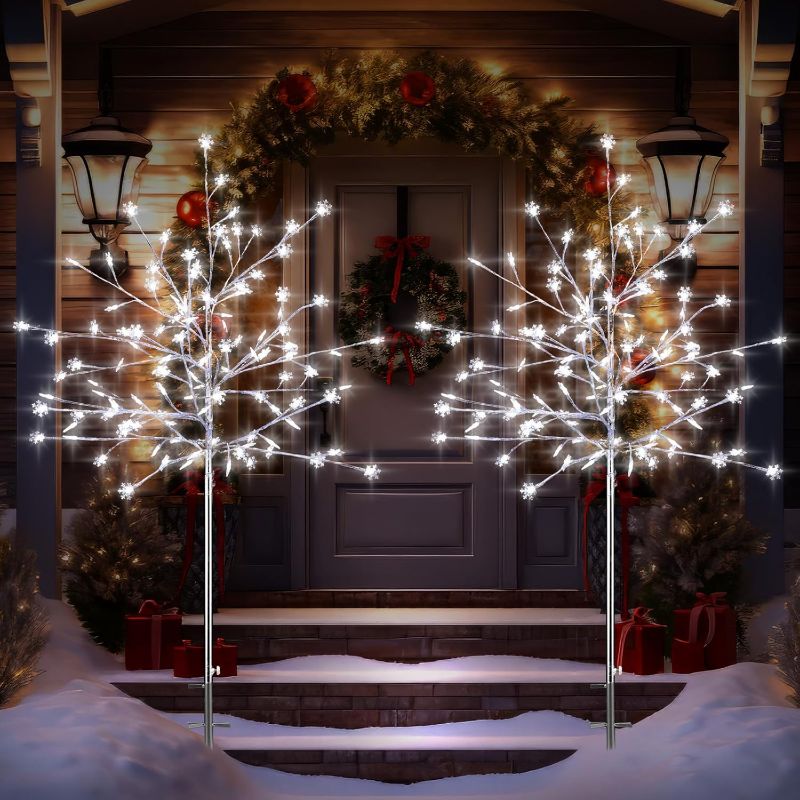 Photo 1 of 2 Pack 5Ft Outdoor Christmas Decoration Pathway Light Stake Frosty Snowflake Christmas Tree White Light Pre Lit for Outside Yard Garden Lawn Patio Walkway Christmas Holiday Decoration