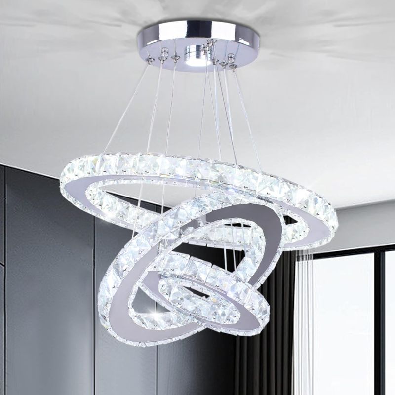 Photo 1 of Modern 3 Ring Round Crystal Chandelier Adjustable Stainless Steel Pendant Lighting LED Crystal Ceiling Light Fixture for Living Room Dining Room Bedroom (Cool White)