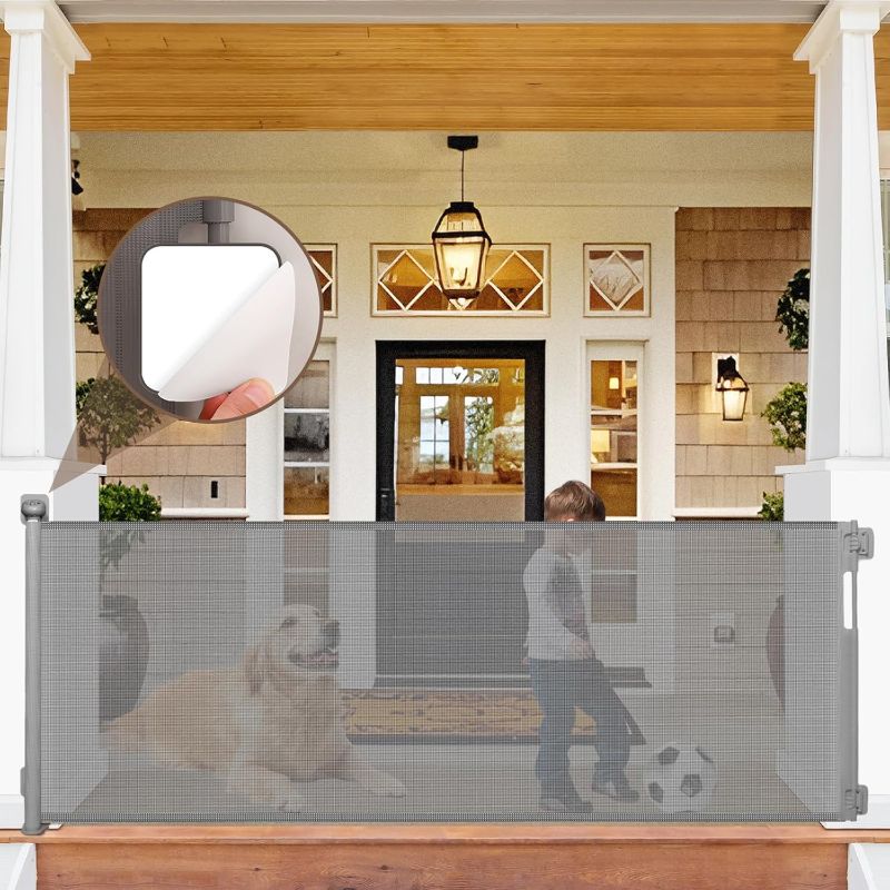 Photo 1 of 80 Inch No Drill Retractable Pet Gates for Doorways No Drilling Retractable Gate for Stairs No Drilling Retractable Dog Gates for The House Indoor Mesh Pet Gate Outdoor Retractable Baby Gates for Dogs