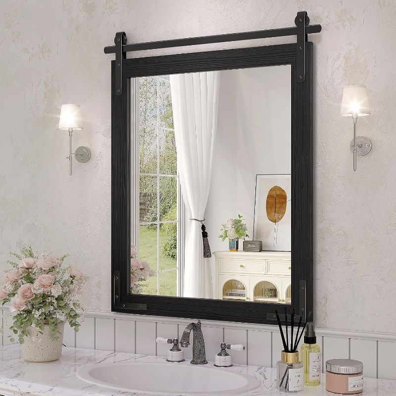 Photo 1 of Black Farmhouse Mirror for Wall, 22x30 Inch Wood Framed Rectangle Bathroom Vanity Mirror, Barn Door Style Mirrors Decor Mirror for Living Room Bedroom Entryway