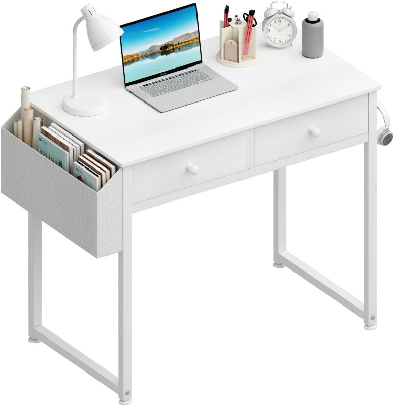 Photo 1 of Lufeiya Small White Desk with Drawers - for Bedroom, 32 Inch Home Office Computer Desk with Fabric Storage Drawer and Bag, Study Writing Table for Small Spaces, White