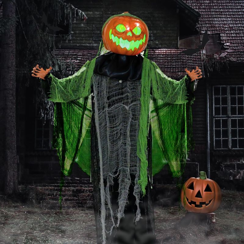 Photo 1 of Hourleey Halloween Decorations Outdoor, 6 FT Light Up Ghost Pumpkin with Sound Activation, Animated Pumpkin Decorations for Yard Party Porch Haunted House Prop Decor