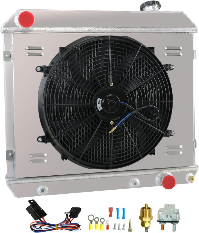 Photo 1 of 3 Row Aluminium Radiator+Shroud Fan+Relay Compatible with 1963-1966 Chevy C10 C20 C30 K10 K20 Pickups (3 ROW Aluminum Radiator+Shroud Fan+Relay)