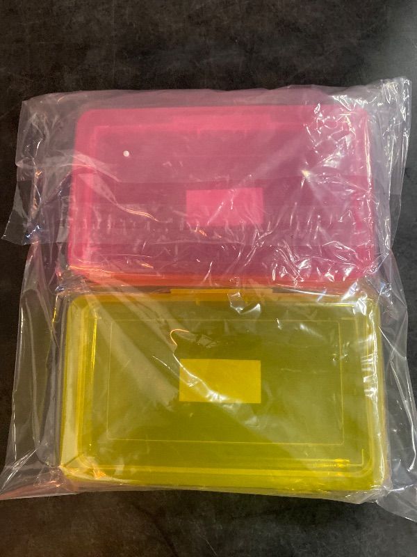 Photo 3 of 2 Pack Plastic Pencil Box Large Capacity Pencil Boxes Clear Boxes with Snap-tight Lid Stackable Design and Stylish Office Supplies Storage Organizer Box Pink/Yellow