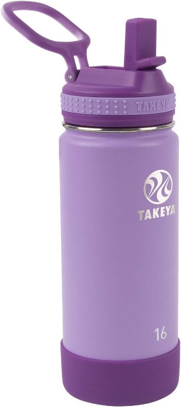 Photo 1 of Beige/Cream Takeya Actives Kids 16 oz Vacuum Insulated Stainless Steel Water Bottle with Straw Lid, Grey