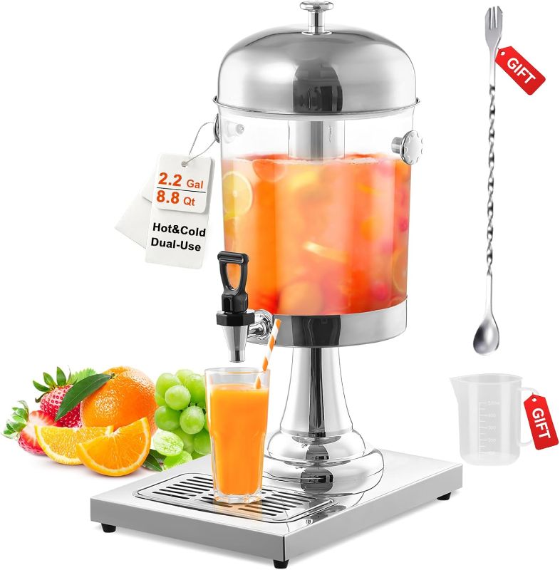 Photo 1 of Beverage Dispenser with Stand, 2.2 Gallon Stainless Steel Drink dispensers for Parties, Juice Dispenser with Ice Core, Spigot, Drip Tray, Tea Water Lemonade Dispenser, Clear Acrylic, Sliver