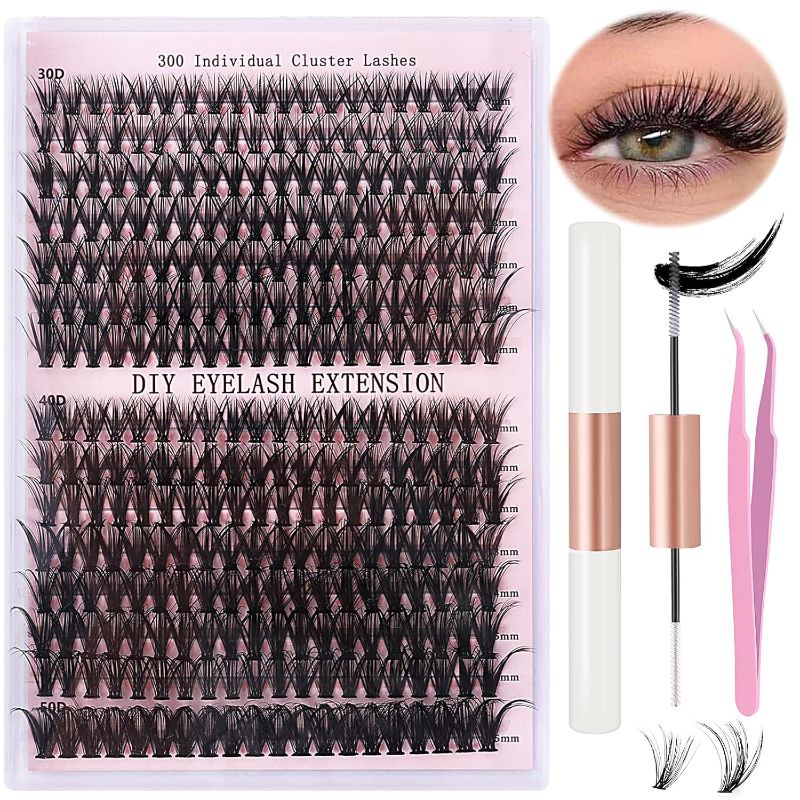 Photo 1 of 300PCS Lash Clusters Lash Extension Kit, 30D+40D+50D Mix 9-16mm Eyelash Extension Kit, Fluffy Individual Lashes Kit With Lash Bond And Seal & Lash Tweezers, DIY Wispy Eyelash Clusters For Beginners