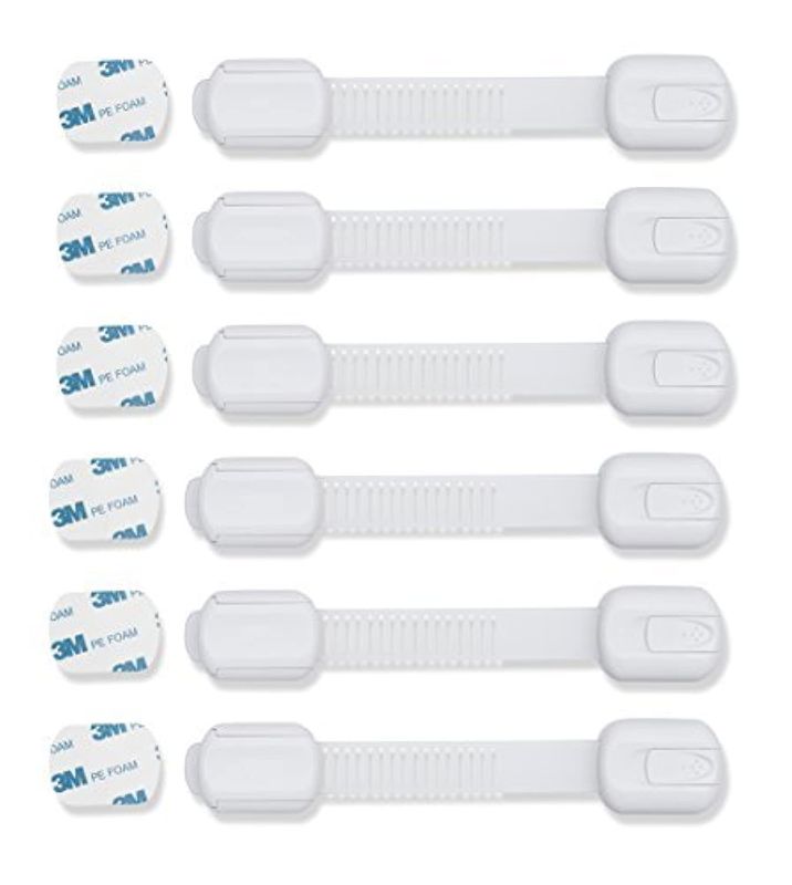 Photo 1 of Child Proof Safety Locks - Baby Proofing Cabinet Lock with 6 Extra 3M Adhesives - Adjustable Strap Latches to Cabinets,Drawers,Cupboard,Oven,Fridge,Closet Seat,Door,Window (White, 6)