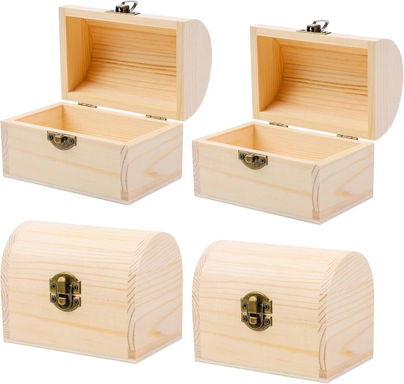 Photo 1 of 4 Pieces Unfinished Wood Treasure Chest Pine Wood Box with Hinged Lid Wooden Mini Treasure Box for DIY Crafts Art Hobbies Projects Jewelry Gift Storage, 4.7 x 3.5 x 3.1 Inch