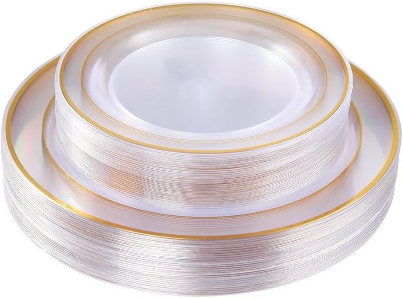 Photo 1 of 60 Pcs Clear Gold Plastic Plates, Gold Disposable Plates Includes: 30 Dinner Plates 10.25" and 30 Dessert Plates 7.5 ", Premium Clear Plates Prefect for Wedding and Gold Plates Party/Birthday