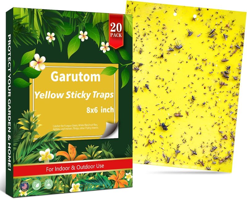 Photo 1 of 20-Pack Dual-Sided Yellow Sticky Traps for Flying Plant Insect Such as Fungus Gnats, Whiteflies, Aphids, Leafminers, etc (6x8 Inches, Included 20pcs Twist Ties)