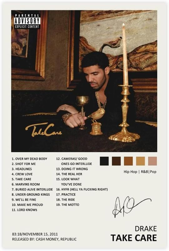 Photo 1 of Drake Poster Take Care Music Album Cover Signed Limited Edition Canvas Poster Bedroom Decor Sports Landscape Office Room Decor Gift Unframe: 12x18inch(30x45cm)