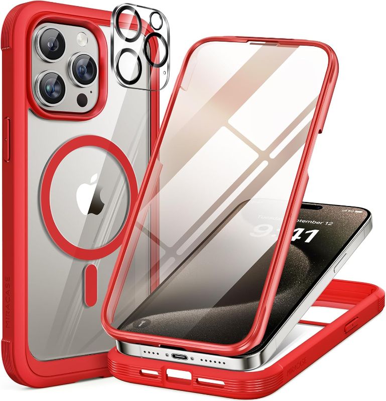 Photo 1 of Miracase Magnetic for iPhone 15 Pro Case Full-Body Bumper Phone case with Built-in Glass Screen Protector& Camera Protector, Military Drop Proof 15 Pro Cover, Magnetic Red