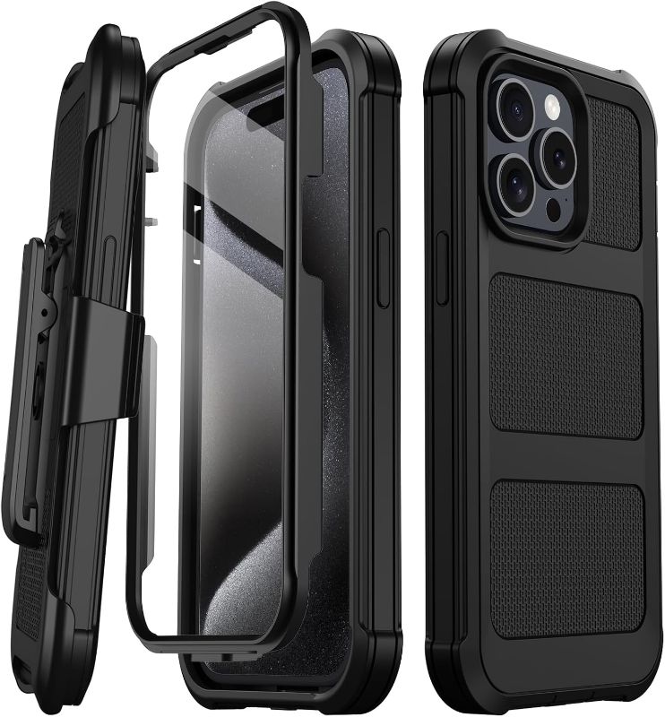 Photo 1 of iPhone 15 Pro Case, [Built-in Screen Protector] Military Grade Drop Protection Cover Heavy Duty Rugged Shockproof Phone Case for iPhone 15 Pro with Kickstand & Belt Clip Holster (Black)