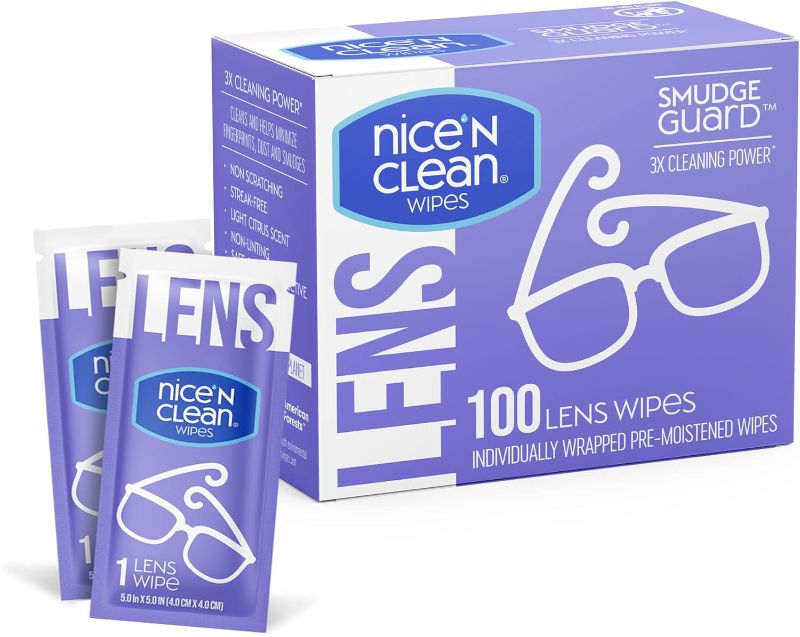 Photo 1 of Nice 'n Clean SmudgeGuard Lens Cleaning Wipes (100 Total Wipes) | Pre-Moistened Individually Wrapped Wipes | Non-Scratching & Non-Streaking | Safe for Eyeglasses, Goggles, & Camera LensV
