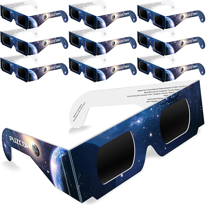 Photo 1 of Puzcow Solar Eclipse Glasses, 2024 Approved CE and ISO Certified, Solar Eclipse Observation Glasses, Safe Shades for Direct Sun Viewing (Moon, 10 Pack)