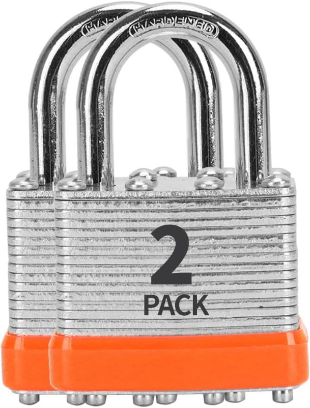 Photo 1 of Laminated Steel Keyed Padlock (1-9/16", 40mm)?Keyed Alike Locks?Packed of 2?Normal Shackle Padlocks?Orange Plastic Hoops?for Toolbox?Locker & StorageUnit or More