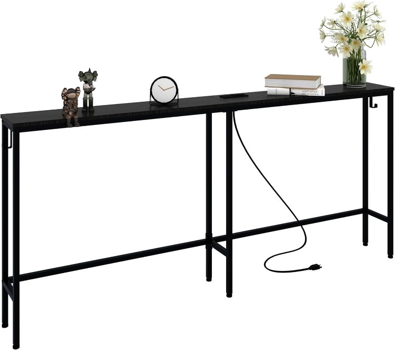 Photo 1 of 70 Inch Narrow Console Table with Outlet, Skinny Sofa Table Narrow Long Behind Couch, Industrial Narrow Table with Hooks for Hallway, Entryway and Living Room, Black