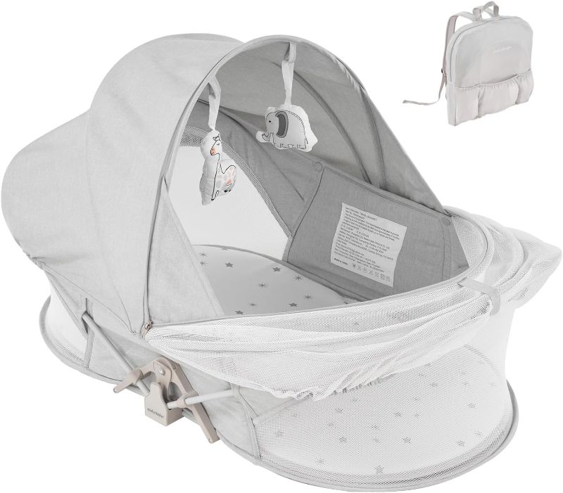 Photo 1 of Portable Travel Bassinet for 0-5M Baby, Baby Cribs Travel Pod for Outdoors Baby Lounger,Co Sleeper for Baby in Bed with Mosquito Net and Sunshade Canopy, Lightweight Washable (Gray)