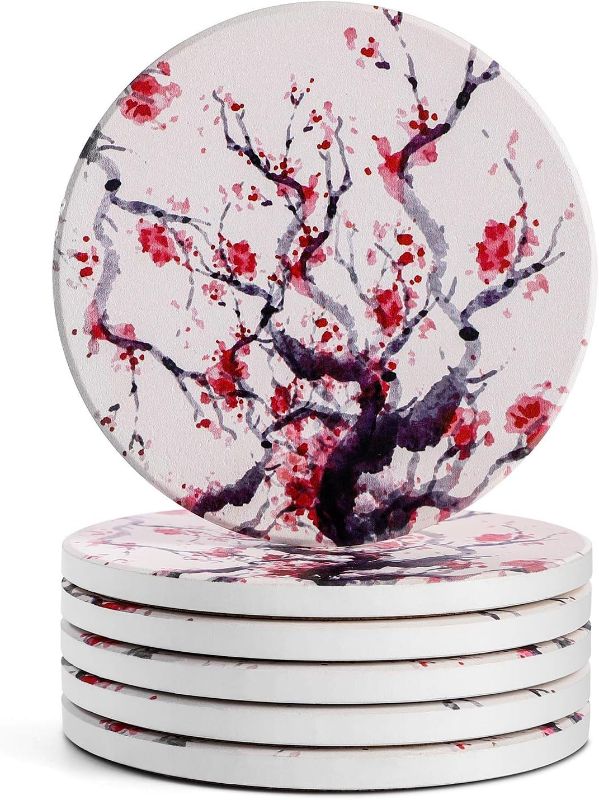 Photo 1 of LIFVER Coasters for Drinks Absorbent, Ceramic Drink Coasters Set of 6, Absorbent Coasters with Cork Bottom for Tabletop Protection, Suitable for Kinds of Cups, 4 Inches, Cherry Blossom Style