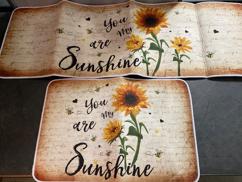 Photo 2 of 2 Pieces Kitchen Rugs Sets, Sunmer Theme Sunflower You are My Sunshine Bee Vintage Style Non-Slip Hallway Stair Runner Rug Mats Doormat for Floor, Office, Sink, Laundry