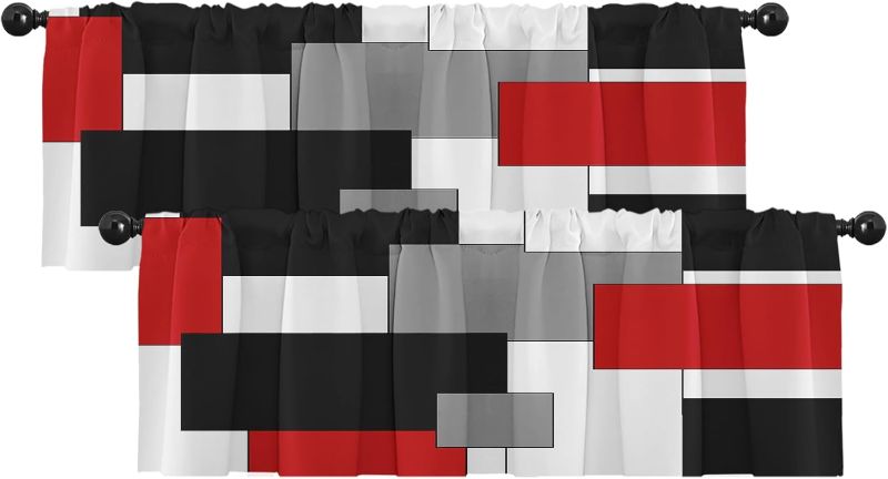 Photo 1 of 2 Pack Valances Window Treatments Red and Black Geometry Abstract Modern Art Blackout Drapes Adjustable Curtain Valances for Windows Living Room Kitchen Over Sink