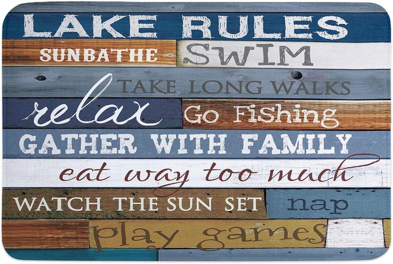 Photo 1 of Blue Lake Rules Doormat Entrance Mat Floor Mat, Farm Vintage Plank Rug Indoor Front Door Bathroom Kitchen Mats Rubber Non Slip 30"x18"