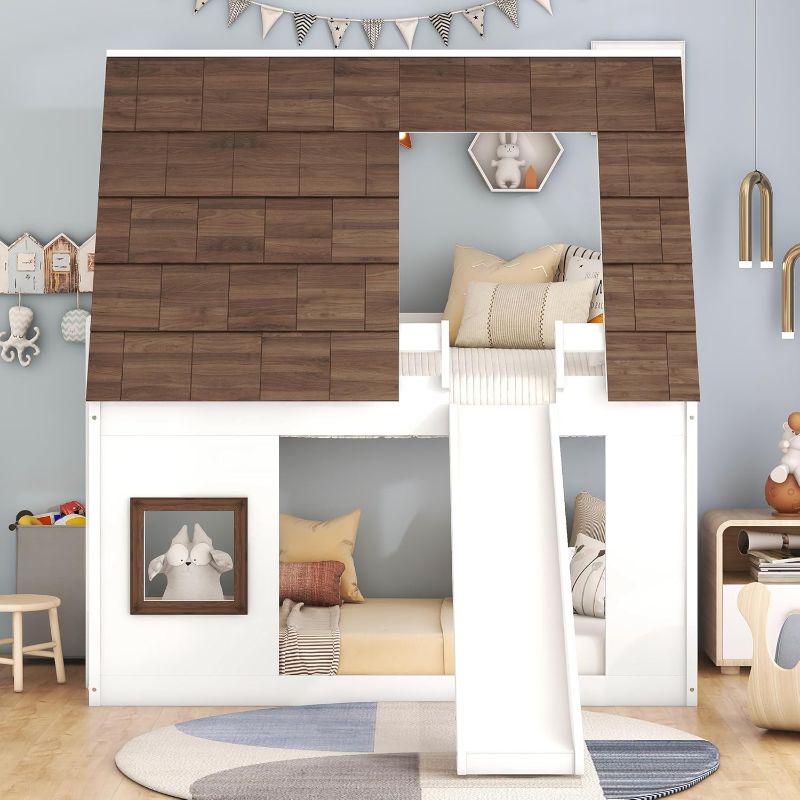 Photo 1 of Kids Bunk Beds with Slide, House Bunk Bed with Roof and Windows,Wood Floor Bunk Beds, Twin Over Twin Low Bunk Beds for Girls Boys, White+Brown