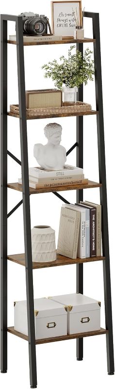 Photo 1 of Hoctieon Industrial Ladder Bookshelf, Multifunctional Ladder Shelf, 5-Tier Tall Bookshelf, Open Ladder Shelf Bookcase, for Living Room, Home Office, Kitchen, Bedroom, Metal Frame, Rustic Brown