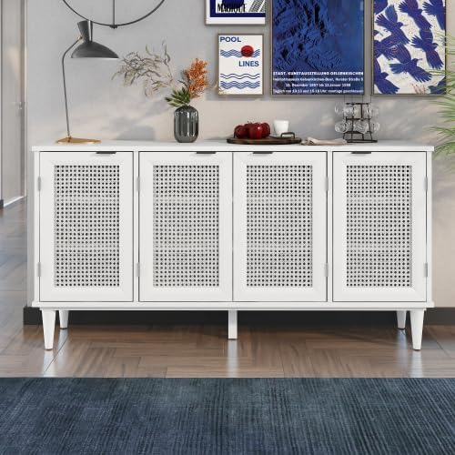 Photo 1 of Large Storage Space Sideboard with Artificial Rattan Door and Unobtrusive Doorknob for Living Room and Entryway (White)