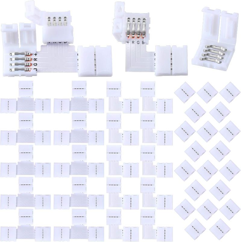 Photo 1 of 40 Pieces LED Strip, 4-Pin RGB Strip, T-Shape Solderless LED Adapter Light Connectors L-Shape 10 mm Solderless Connector for 5050 RGB Strip Light (White)