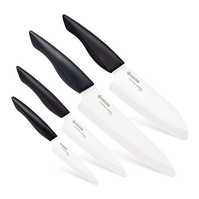 Photo 1 of Kyocera’s Revolution 4-Piece Ceramic Knife Set: Ceramic Chef Knife For Your Cooking Needs, 7" Chef's Santoku, 5.5" Santoku, 4.5" Utility & 3" Paring Knives, Black/White