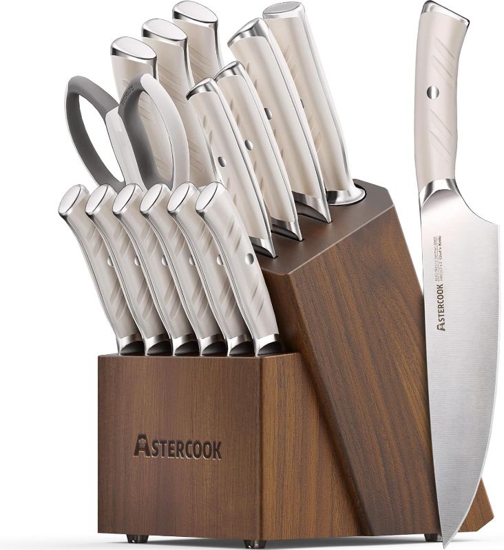 Photo 1 of Knife Set, Astercook 15 Pcs Luxurious Kitchen Knife Set with Block, High Carbon German Stainless Steel Knife Block Set