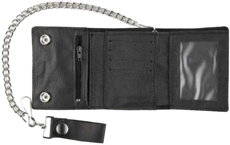 Photo 1 of Motorcycle Men's Large Tri-Fold Biker Chain Wallet, Genuine Black Leather