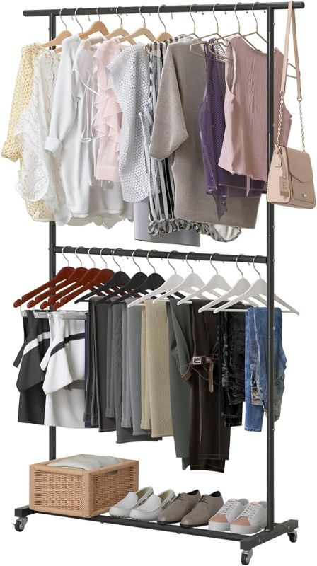 Photo 1 of Double Rod Clothing Garment Rack, Rolling Clothes Organizer on Wheels for Hanging Clothes, Easy to Assemble, Adjustable, Black