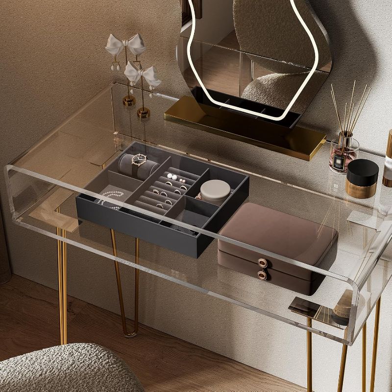 Photo 1 of Acrylic Vanity Desk - Small Makeup Vanity Table - Dressing Table for Bedroom, Dressing Room, Large Storage Space, 31.5'' L x 15.7'' W x 32.1'' H, Gold Metal Legs