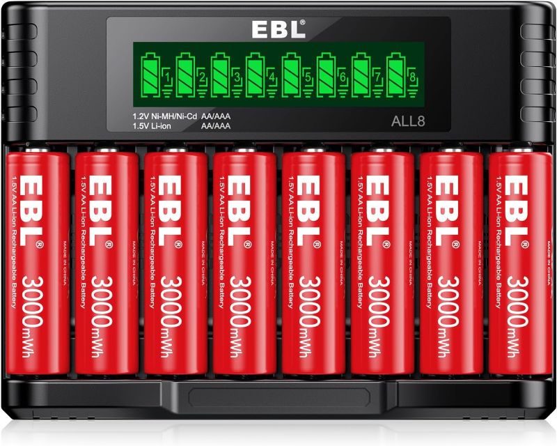 Photo 1 of EBL 8 Pack Rechargeable Lithium AA Batteries, 1.5V 3000mWh Double a Batteries Long Lasting AA Li-ion Battery (8AA with Charger)