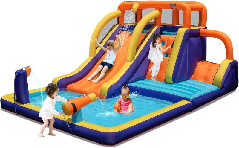 Photo 1 of BOUNTECH Inflatable Water Slide, 7-in-1 Giant Waterslide Park for Kids Backyard Outdoor Fun with Dual Slides, Splash Pool, Blow up Water Slides Inflatables for Kids and Adults Party Gifts