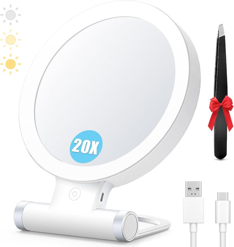 Photo 1 of 20X Magnifying Mirror with Light, Travel Magnifying Mirror, 1X/20X Vanity Mirror with Light, Adjustable Handle Travel Makeup Mirror, Touch Switch Light up Mirror for Plucking Eyebrows