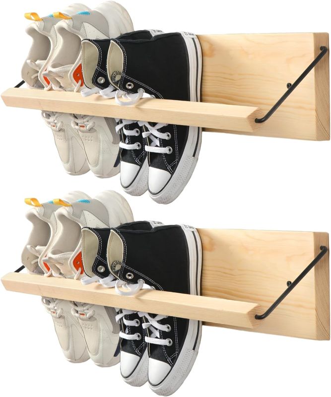 Photo 1 of 2 Pcs Wall Mounted Shoe Rack Wooden Shoe Rack Organizer Wall Shoe Holder Modern Compact Wood Rv Shoe Storage for Sneaker Footwear Slipper Boots Entryway Narrow Spaces Hallway(28.35'' Long)