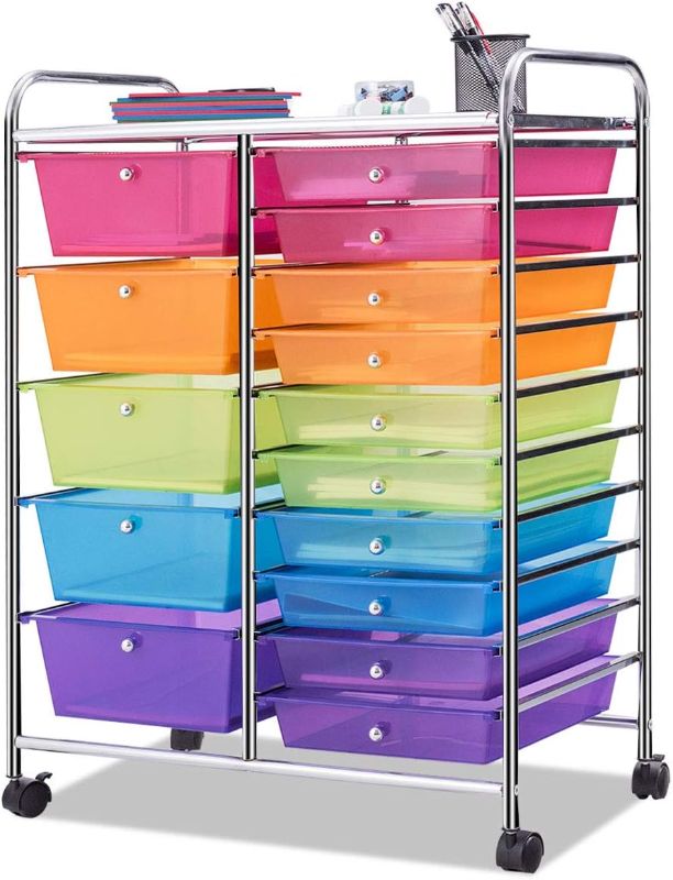 Photo 1 of Giantex 15 Drawer Rolling Storage Cart Tools Scrapbook Paper Office School Organizer, Multicolor